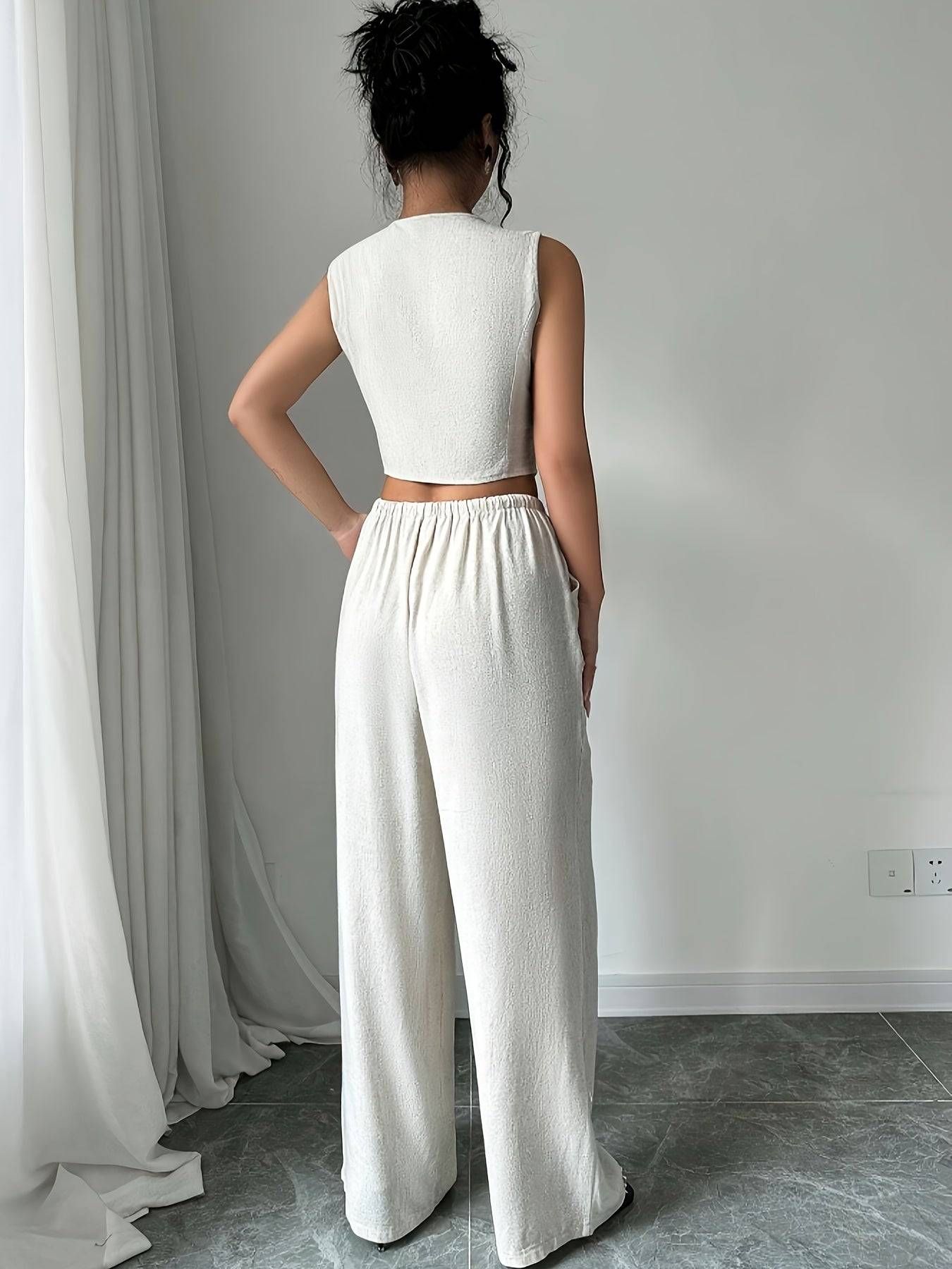 Women’s Two-Piece Set – Sleeveless Blazer Collar Top & Casual Pants for Work, Outings & Holidays