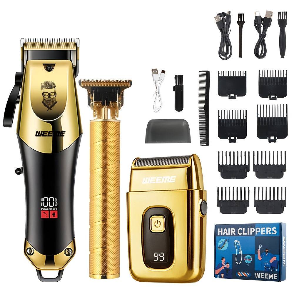 Men’s Cordless Hair Clipper Set 3-in-1 Electric Grooming Kit with USB Charging includes gold and black clippers, trimmer, shaver, combs, and accessories.