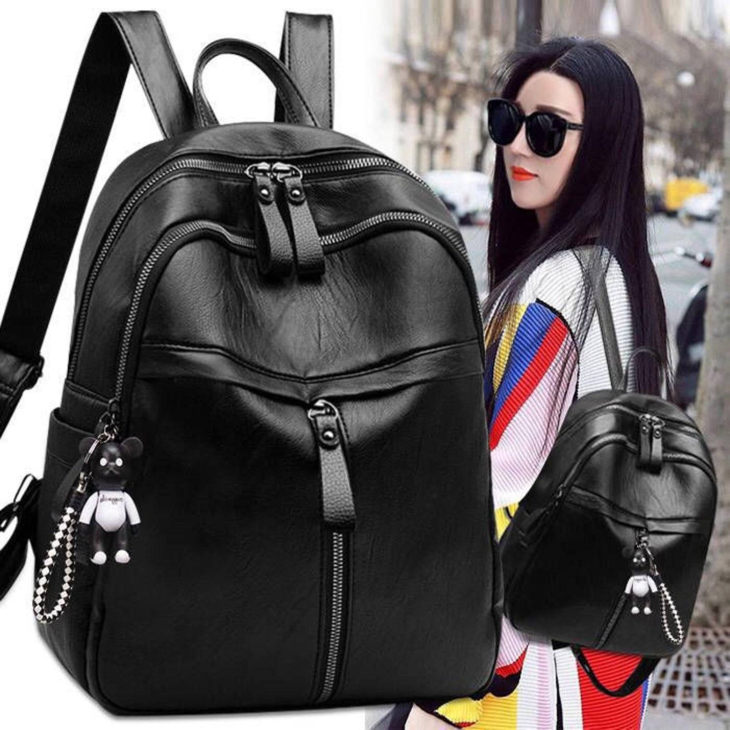 Solid Color Backpack with Double Straps Large Capacity, Zipper Closure & Cute Bear Pendant for Travel, School & Daily Use