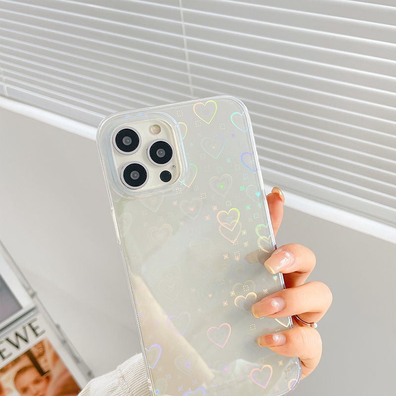 Premium silicone phone case with laser colorful heart pattern, offering love protection and scratch resistance for smartphones in a trendy design.