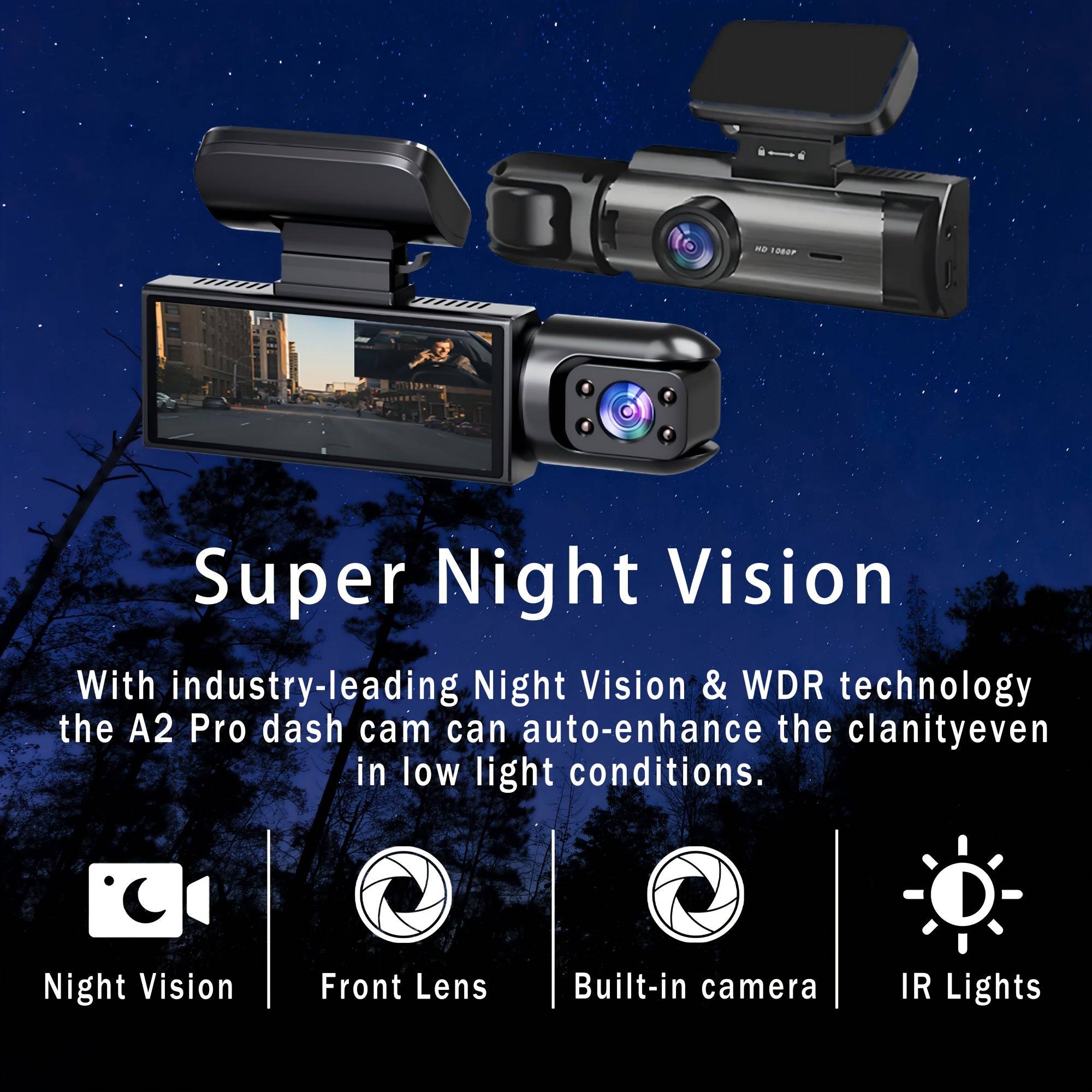 1080P dual dash cam with front and cabin cameras, IR night vision, loop recording, wide-angle lens, 3.16" IPS screen