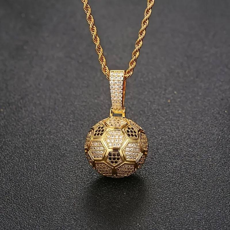 Men's 18K Gold Plated Soccer Pendant Necklace Twisted 3mm Chain with Zirconia Gift-Ready Sporty Jewelry