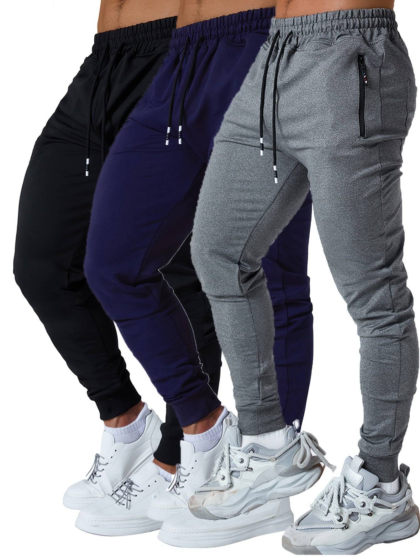 3-Pack Men’s Athletic Jogger Pants Tapered Sweatpants with Zipper Pockets for Workout, Running & Jogging