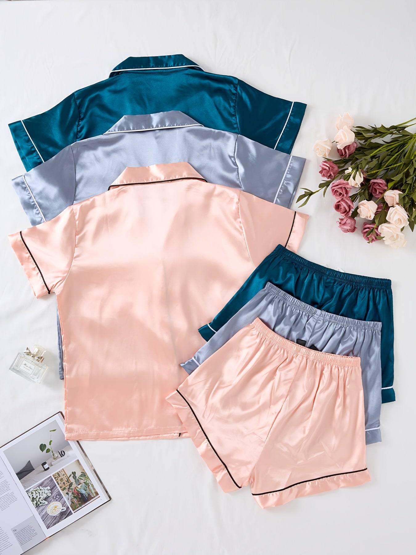 3-Piece Women's Satin Pajama Set – Short-Sleeve Lapel Top with Elastic Waist Shorts, Comfortable Loungewear for Home & Sleep