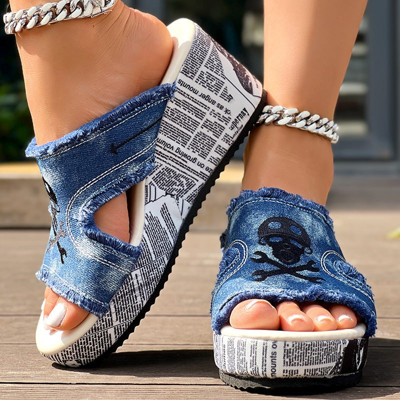 Platform Wedge Sandals with Buckle Strap and Printed Design