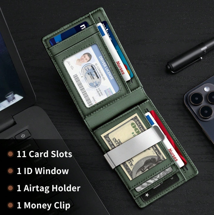 Men Slim Wallet with AirTag Holder and RFID Leather Design