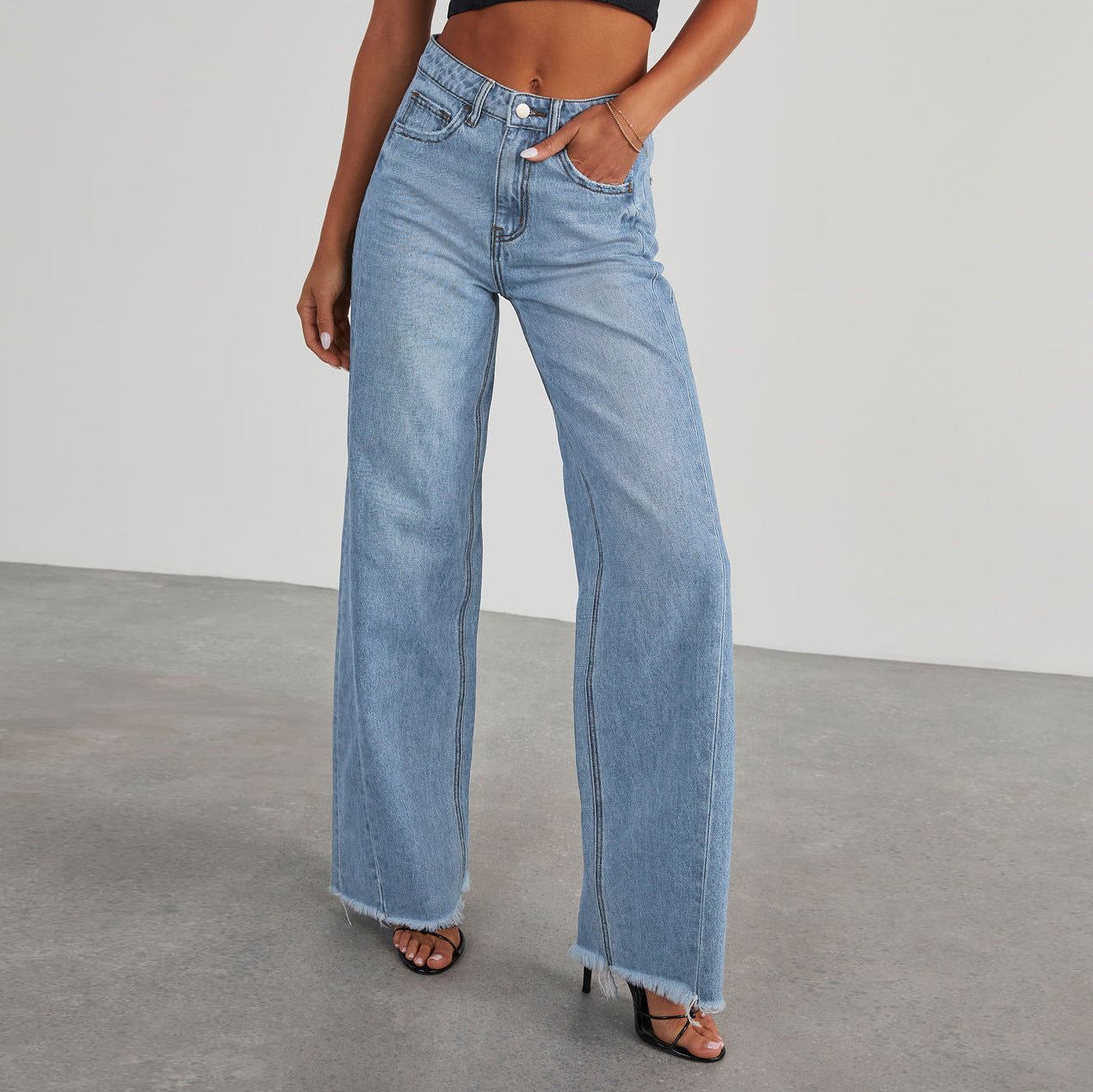 High Waist Straight Leg Jeans Slim Fit Denim Pants