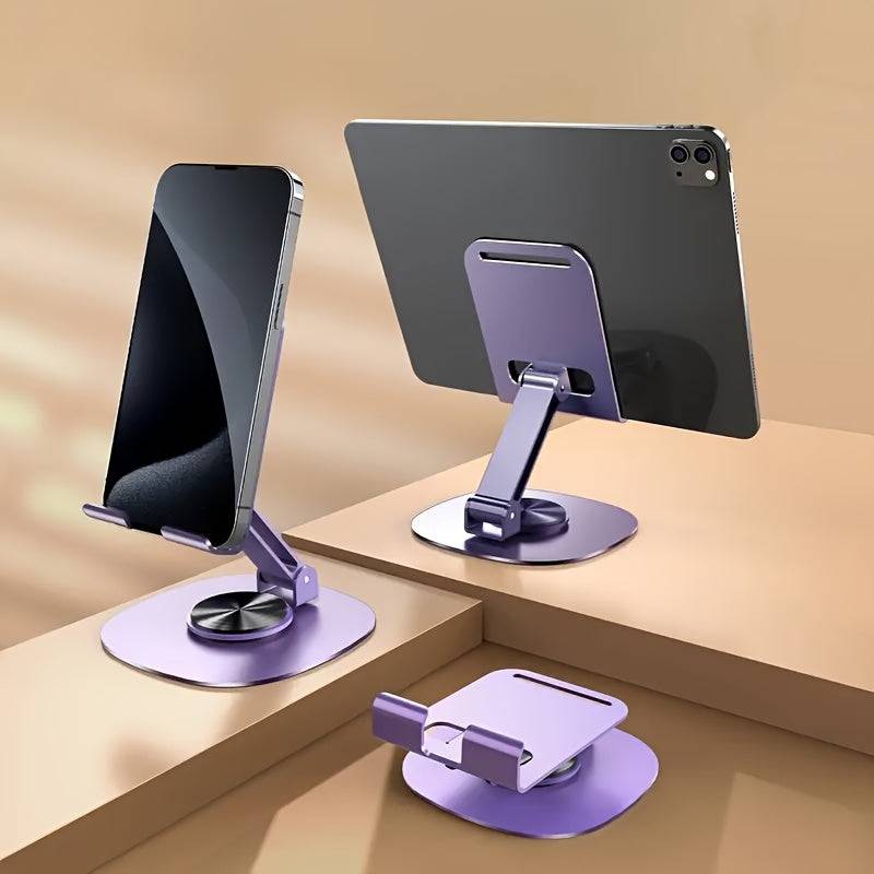 Metal desktop phone stand with 360° rotating base, foldable design, silicone pads, and mechanical click