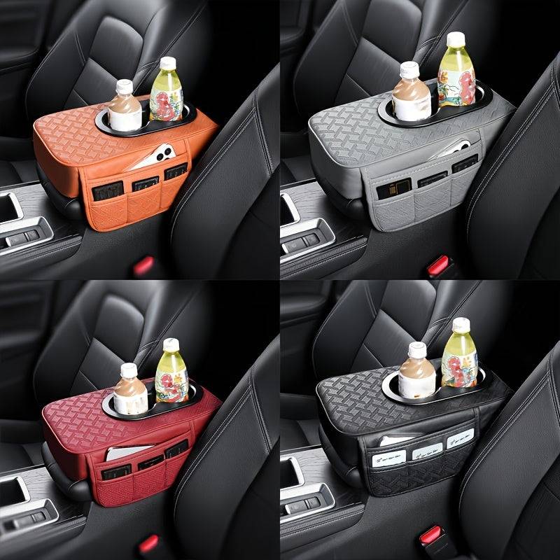 Universal Car Center Console Organizer with 2 Cup Holders and 2 Pockets, Faux PU Leather Armrest Cover with Multifunctional Storage for Phone and Accessories