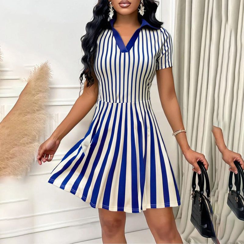 Striped Polo Dress with V Neck and Short Sleeves