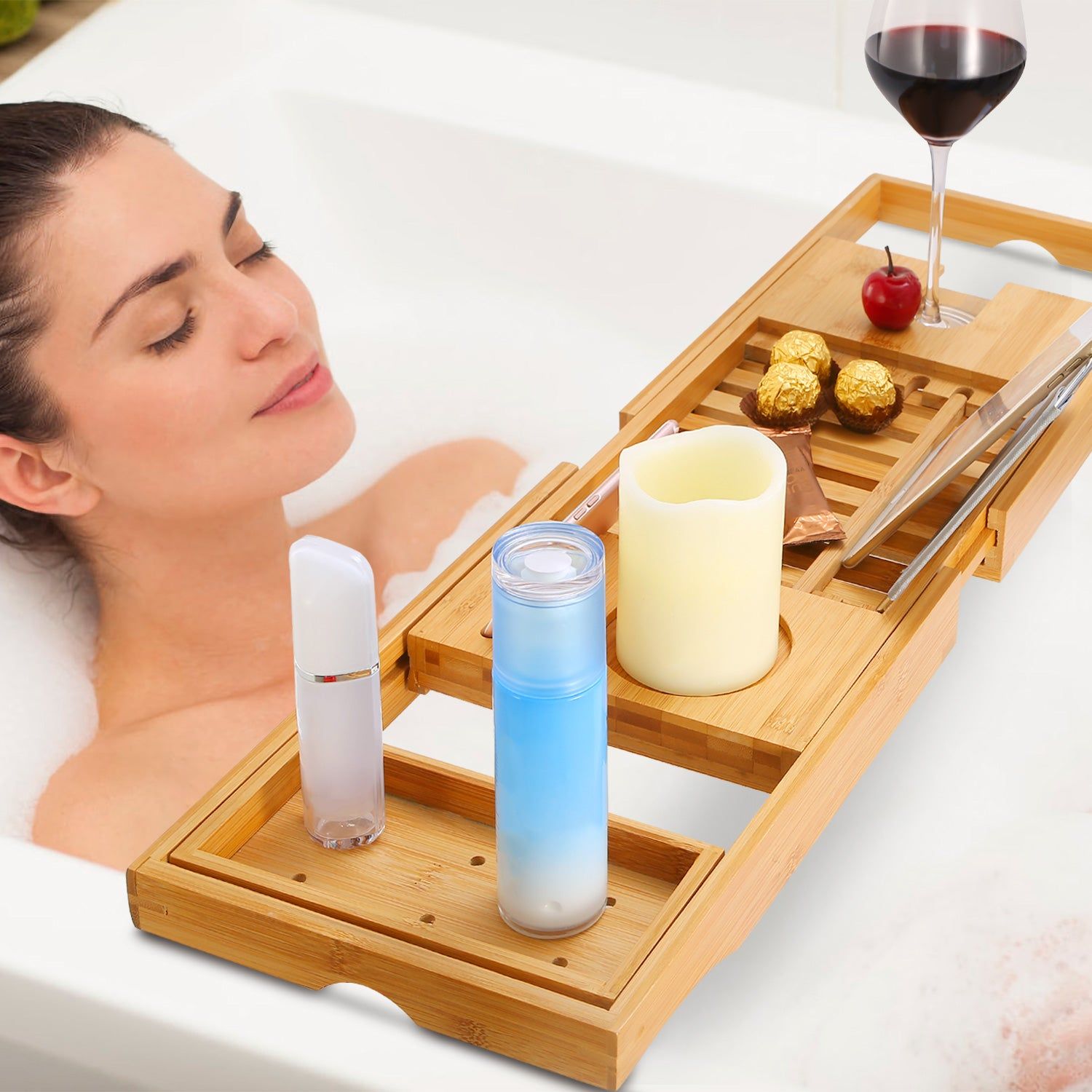 Extendable Bamboo Bath Tray with Holder