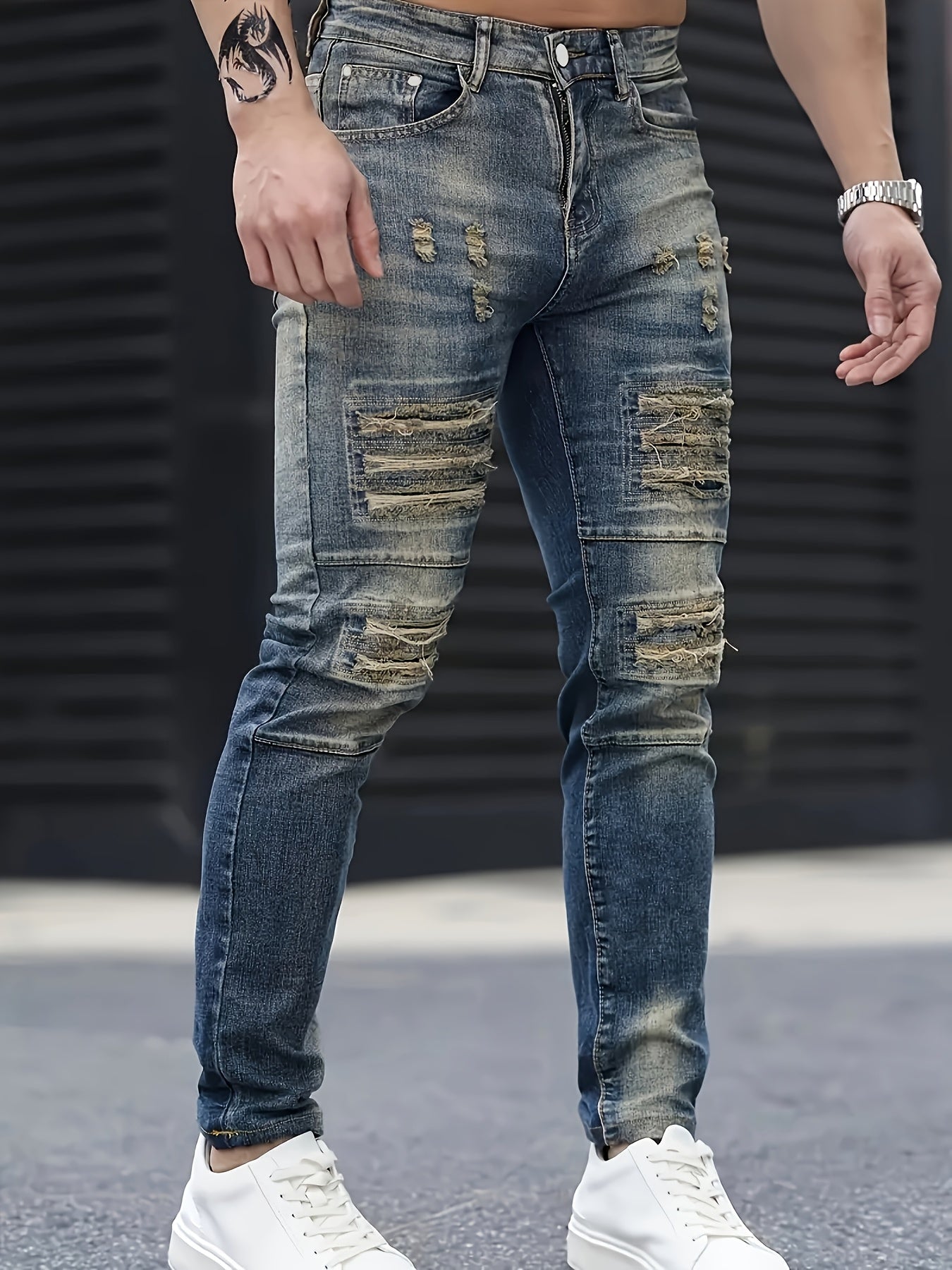 Men’s Slim Fit Stretch Denim Jeans Dark Blue Ripped Design Crafted Distressed Look for All-Season Wear