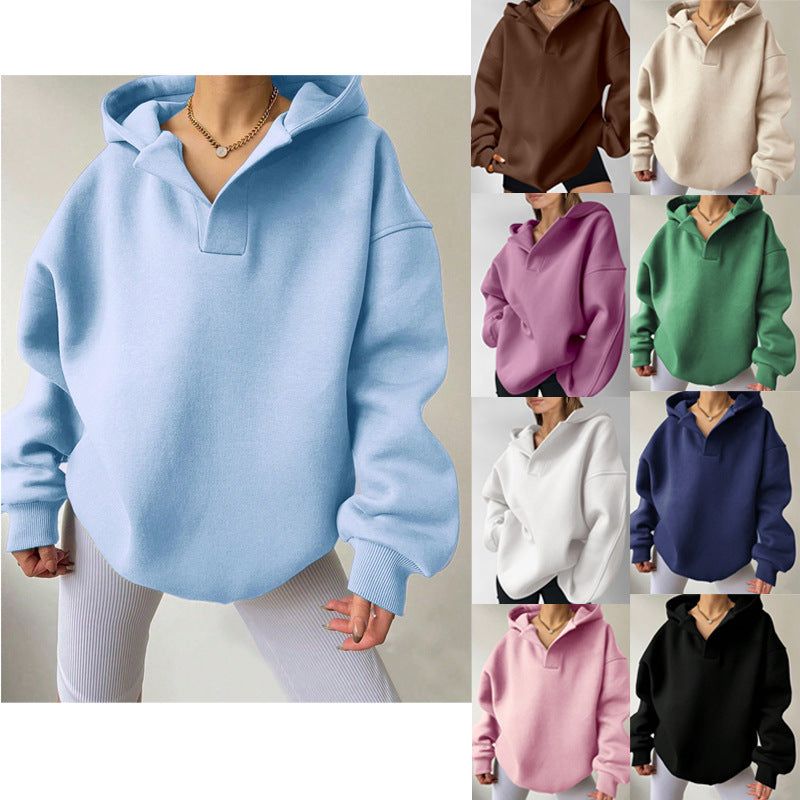Women Hoodie Solid Color Loose Long Sleeve Pullover