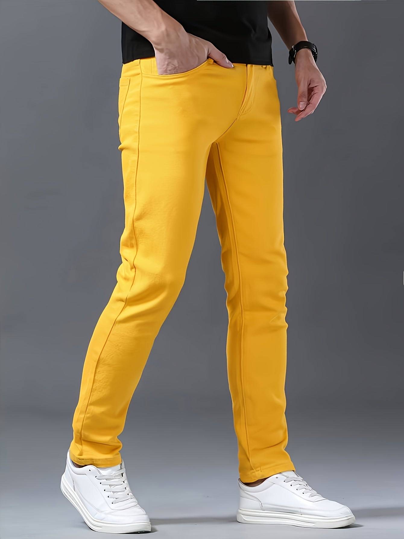 Men’s Stretch Jeans Yellow Denim Trousers Business Casual Style All-Season Wear
