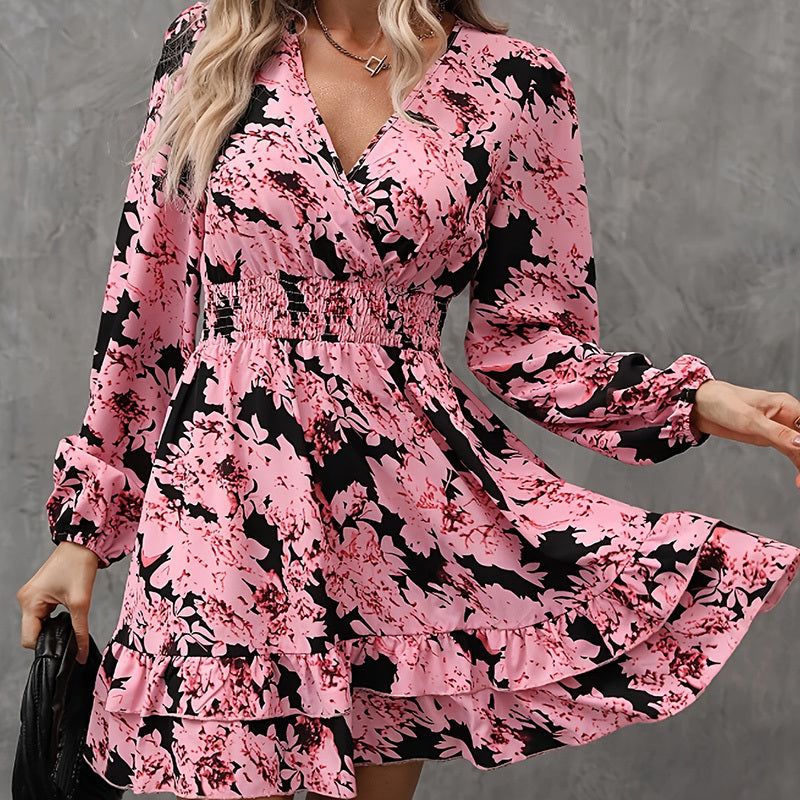 Printed A Line Dress with V Neck and Lantern Sleeves