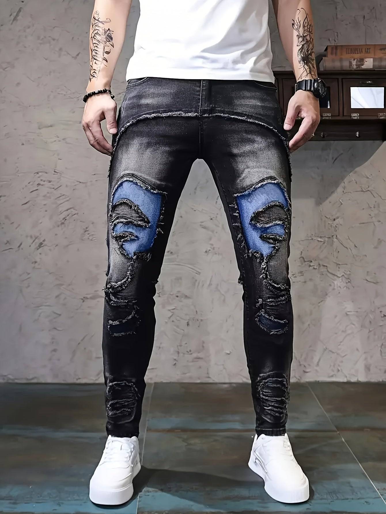 Men’s Slim Fit Jeans Blue Splicing Design Stretch Denim Versatile High Street Style for All-Season Wear
