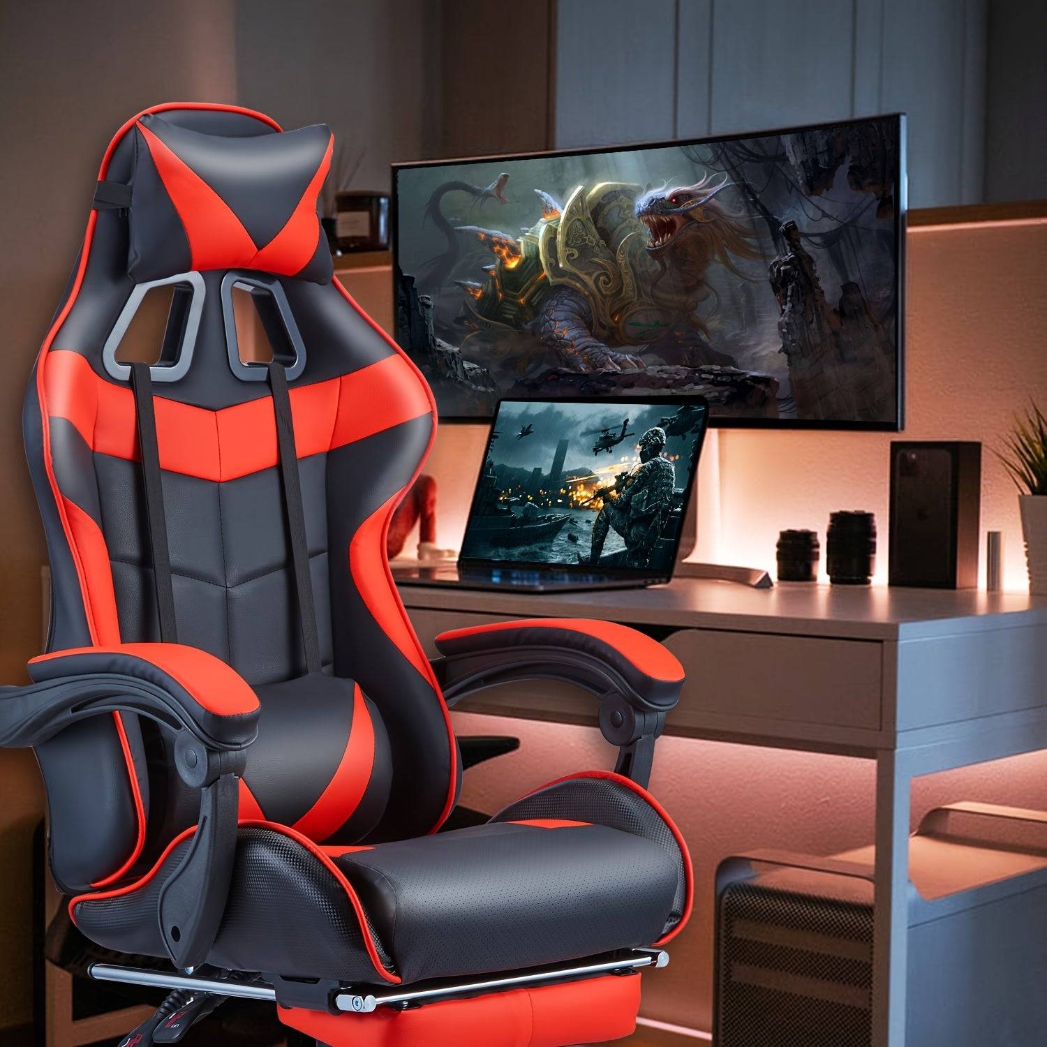 Red and black ergonomic gaming chair with massage, adjustable headrest and lumbar support in a modern gaming setup.