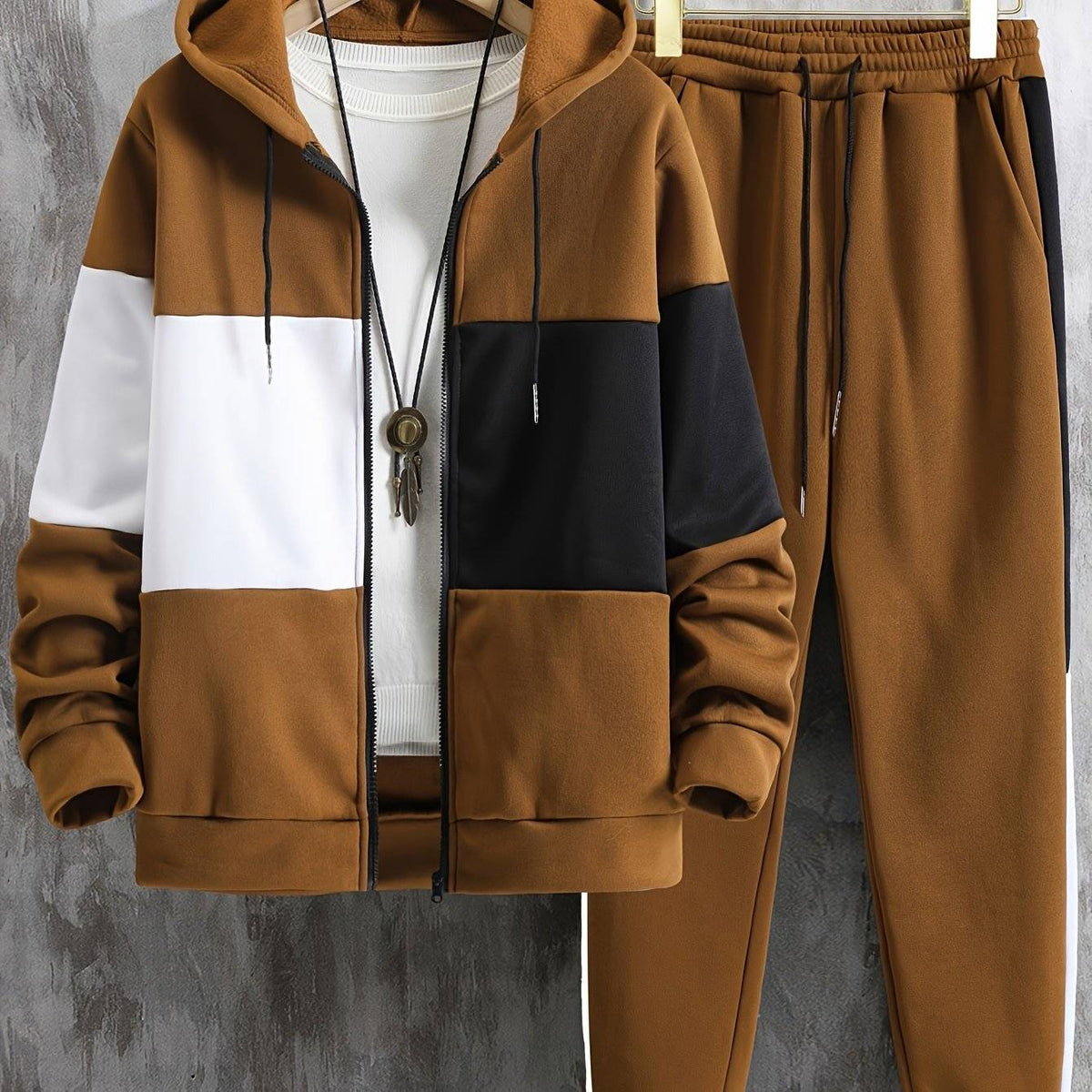 Men's Two-Piece Tracksuit, Contrast Zipper Hoodie with Long Sleeves and Drawstring Pants, Casual Outfit for Outdoor Wear
