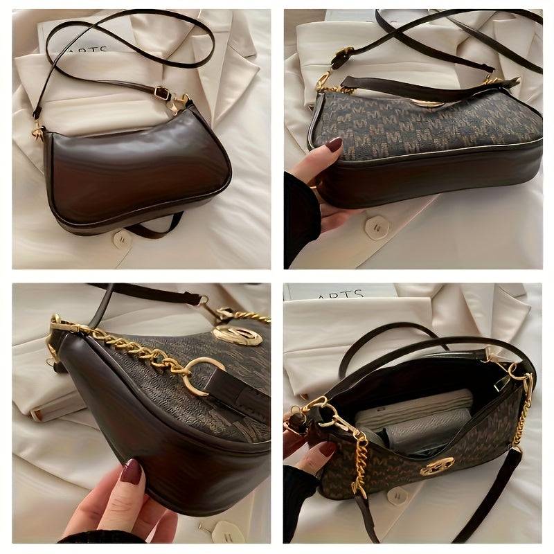 Women’s Vintage Crossbody Bag – Checkered Print, Gold Accents, Detachable Chain, Black & White