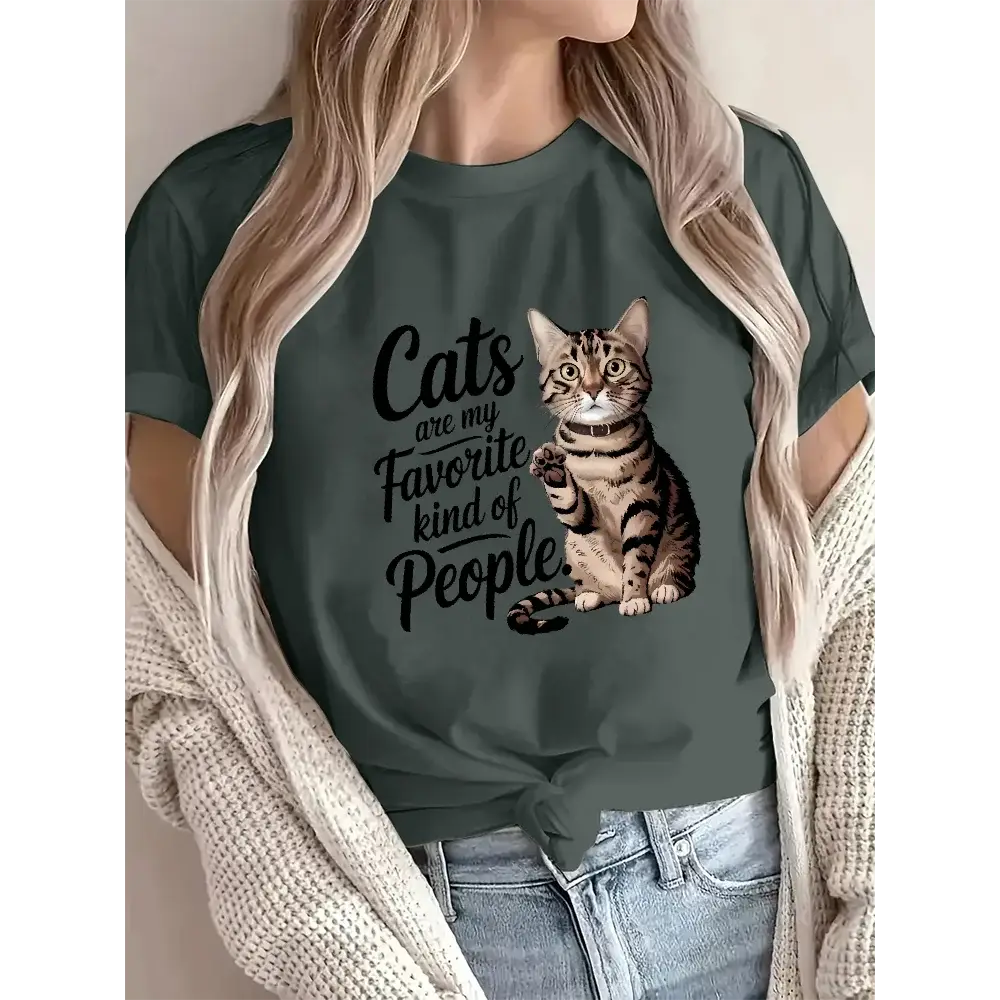 Women's Cotton T-Shirt with Cute Cat Print O-Neck Short Sleeve Soft & Casual Cat Lover Tee