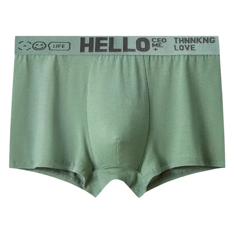 Green men's cotton boxer briefs with HELLO waistband, made from breathable fabric for comfort and support in everyday wear.