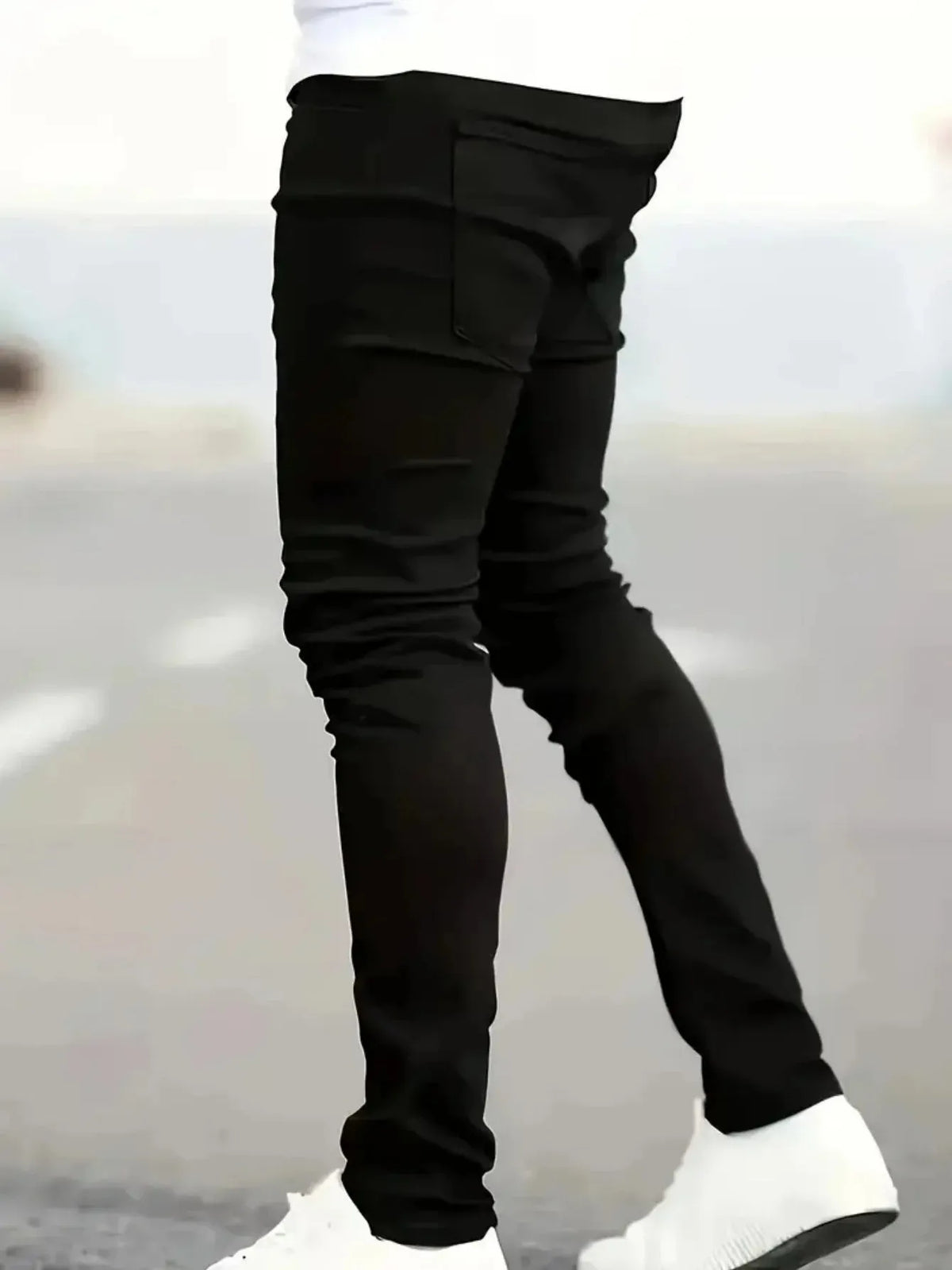 Men Slim Fit Jeans with Black Denim and Reinforced Seams