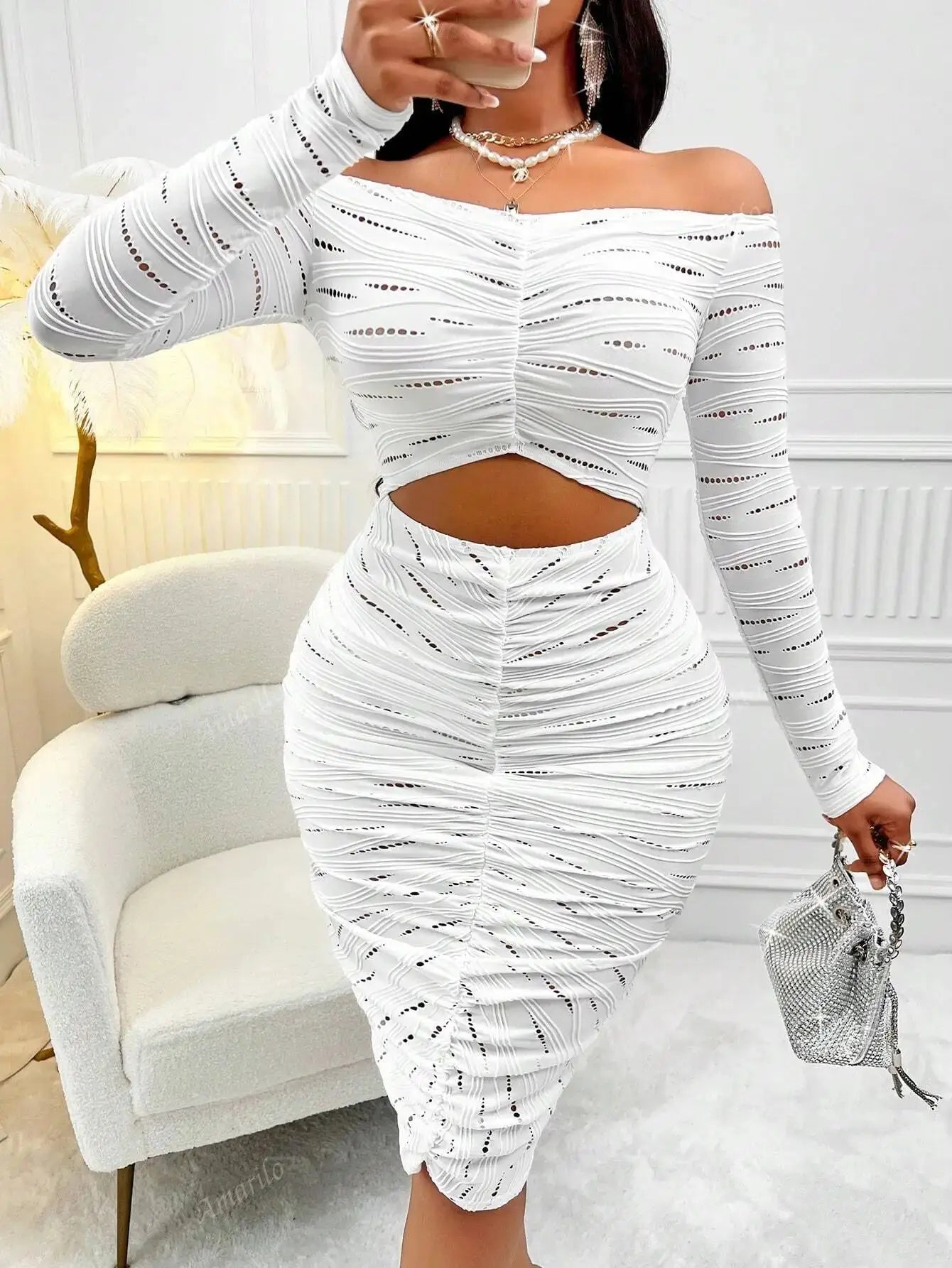 Womens white off-shoulder midi dress with long sleeves, ruched skirt, and hollow cutout detail, ideal for formal events and evening wear.