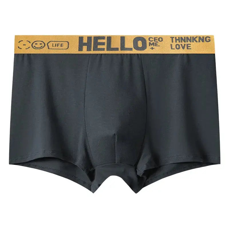 Black men's cotton boxer briefs with yellow HELLO waistband, offering breathable comfort and snug fit in modern trunk style.