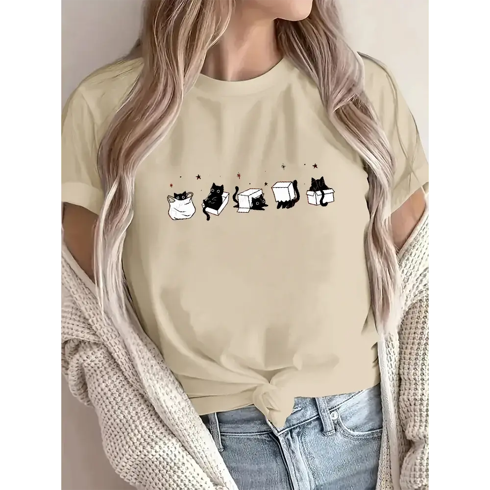 Five Mood Cats Oversized T-Shirt – Funny Cotton O-Neck Tee for Men & Women, Casual Summer Cat Lover Top