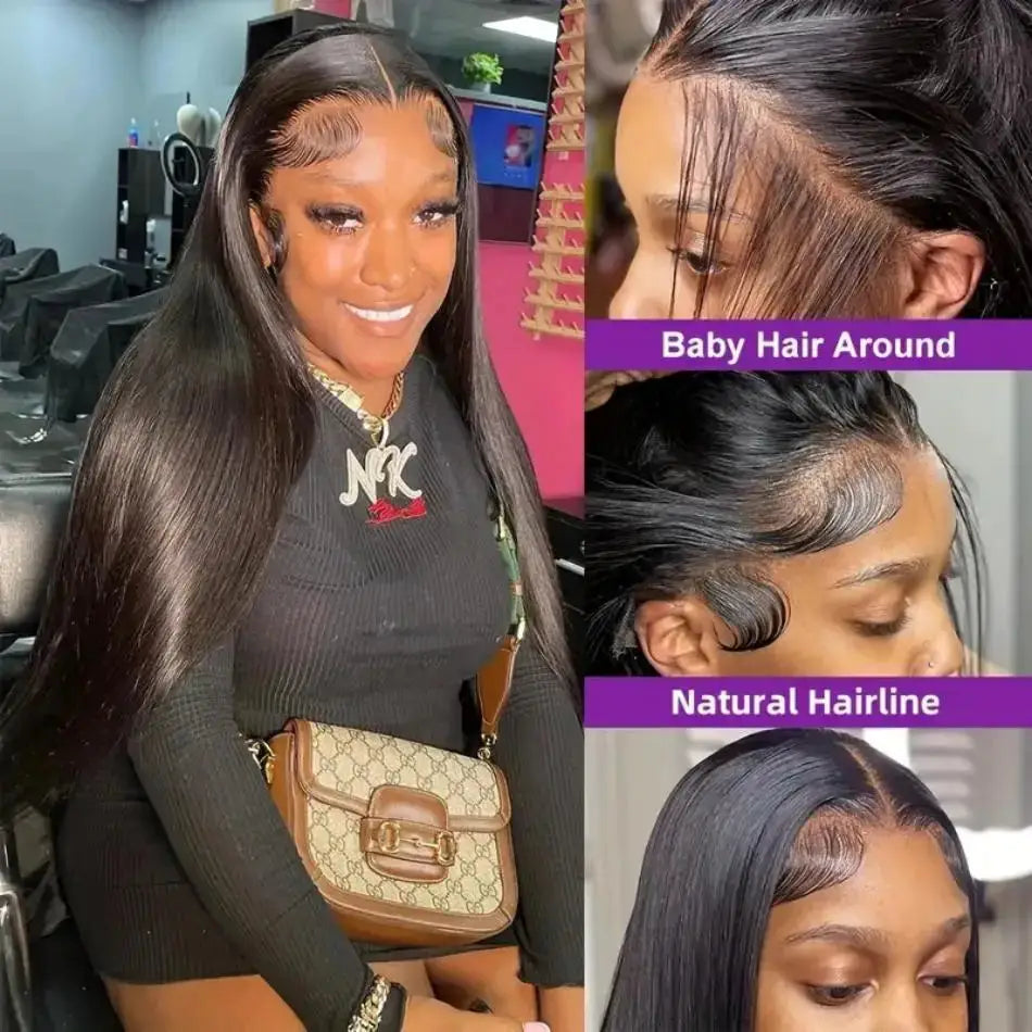 Glueless Brazilian Human Hair Wig Bone Straight with HD Transparent Lace 4x4, 5x5, 13x4 & 13x6 Lace Front Options in Natural Black