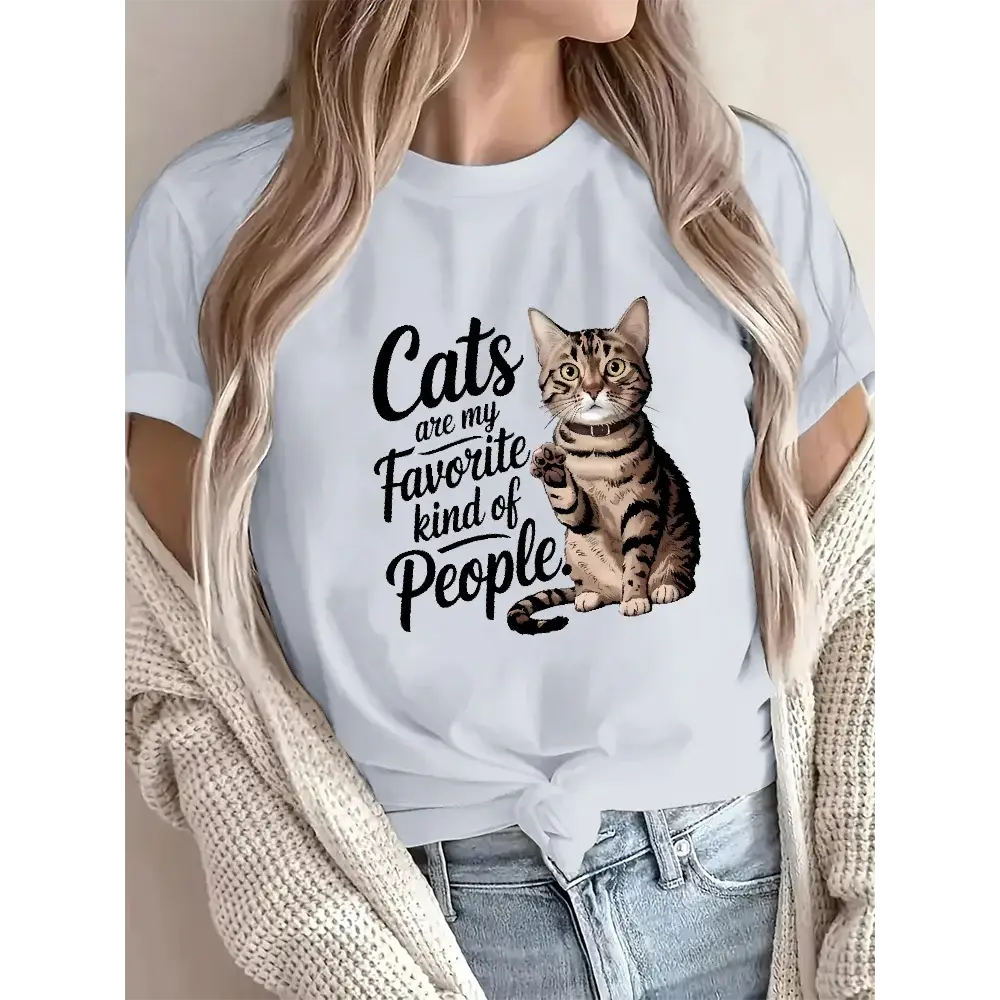 Women's Cotton T-Shirt with Cute Cat Print O-Neck Short Sleeve Soft & Casual Cat Lover Tee