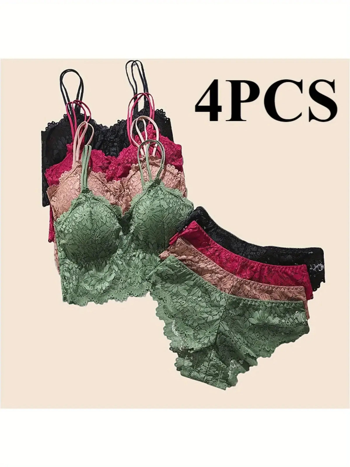 4-Pack Women's Lace Bra & Panty Set Breathable, Stretchy & Removable Bra Cups