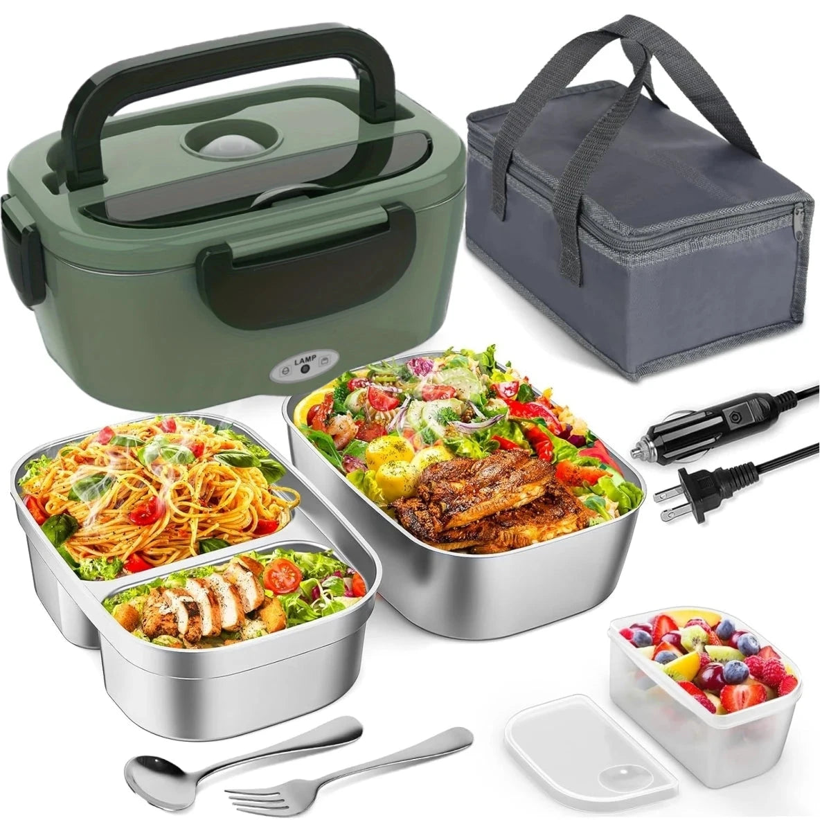 Dark green electric lunch box with 1.5L stainless steel container and carry bag, compatible with 12V/24V/110V power sources.