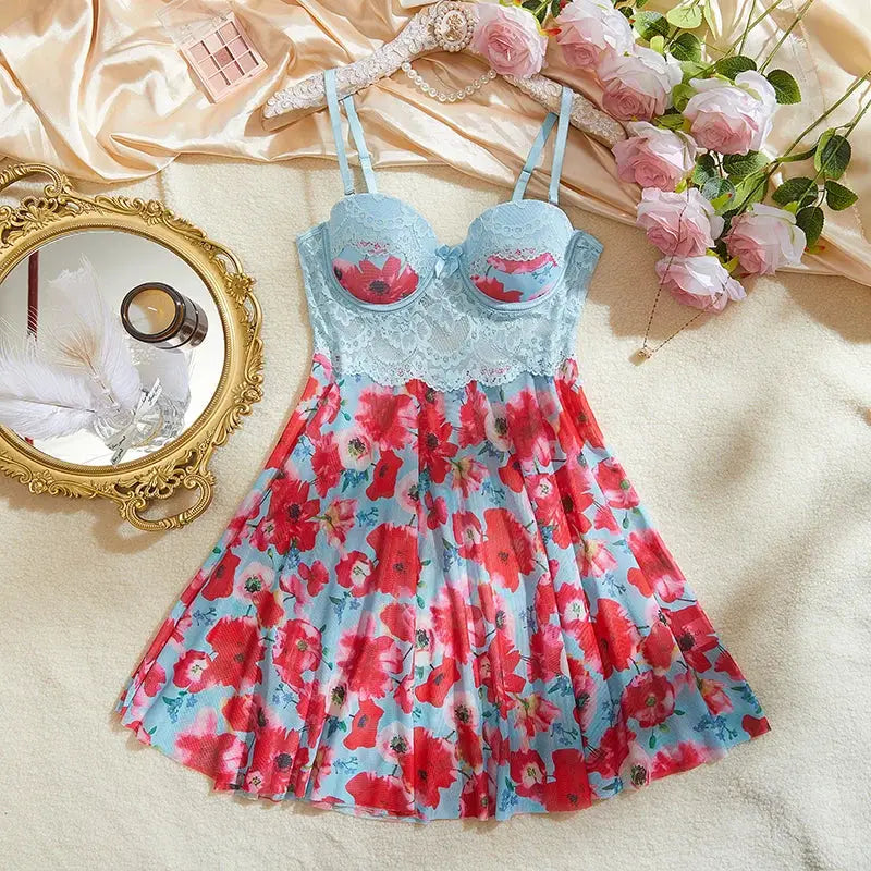 Lace Floral Babydoll Nightgown Set for Women Underwire Lingerie Dress with Thong