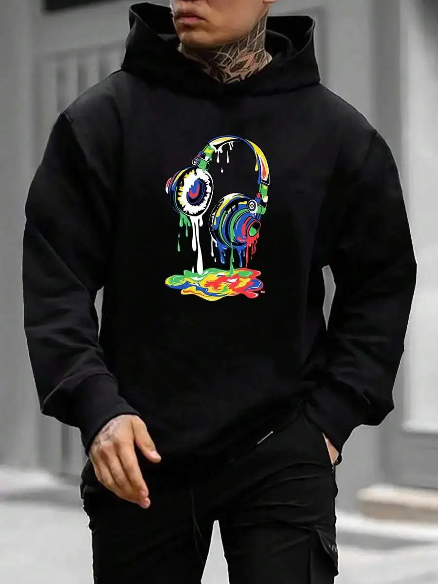 Men’s cotton streetwear hoodie with colorful headphone graphic, soft and sporty pullover for casual wear