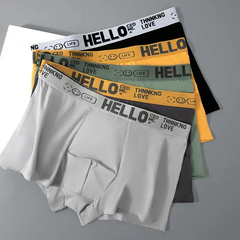 Mens cotton boxer briefs breathable trunks in multi-color pack with HELLO waistband, featuring soft fabric and snug fit for daily comfort.