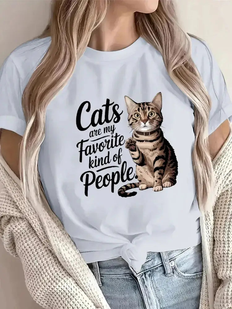 Women's Cotton T-Shirt with Cute Cat Print O-Neck Short Sleeve Soft & Casual Cat Lover Tee