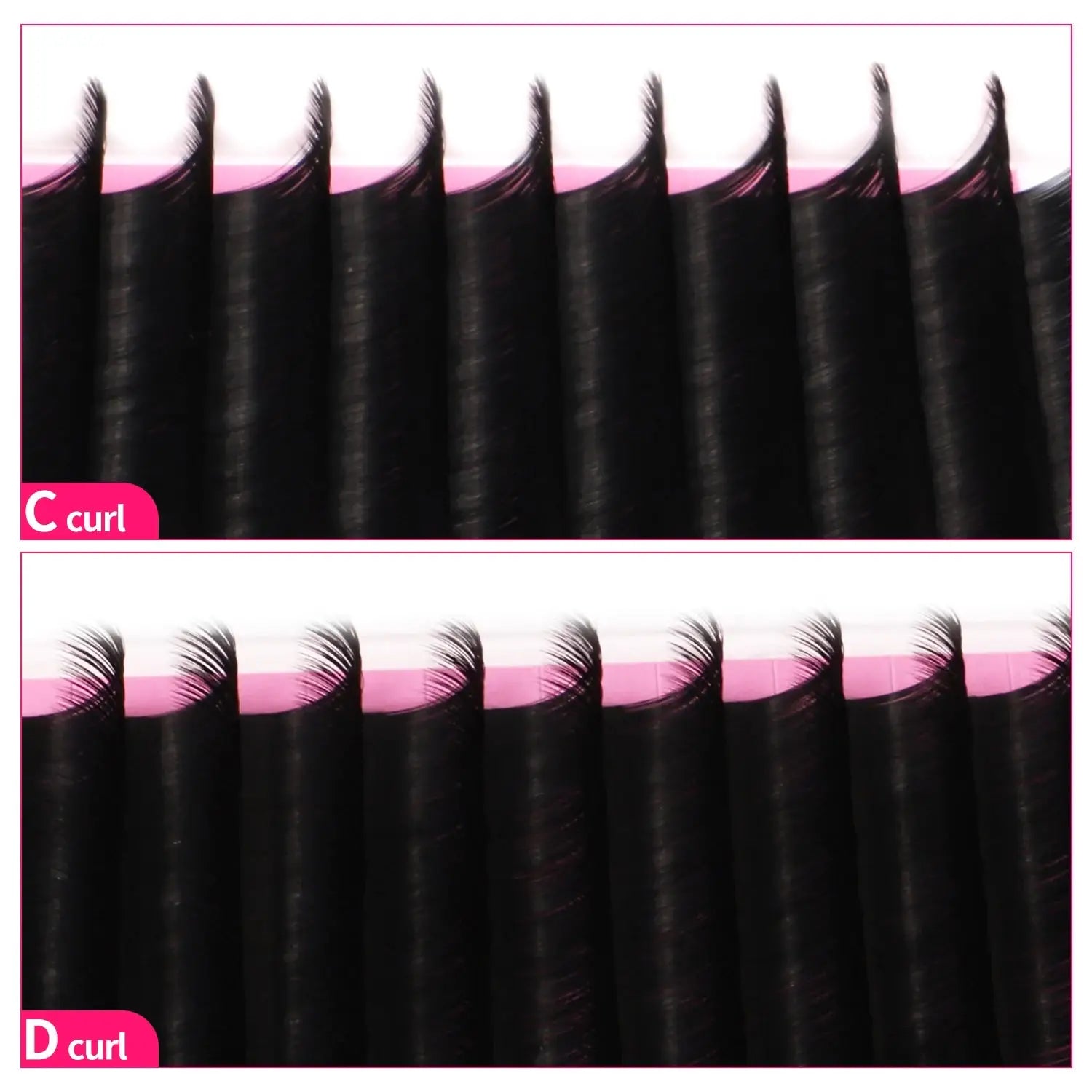 C curl and D curl individual eyelash extensions in 8–20mm faux mink matte finish for professional salon use. Soft, natural, jet black lashes.