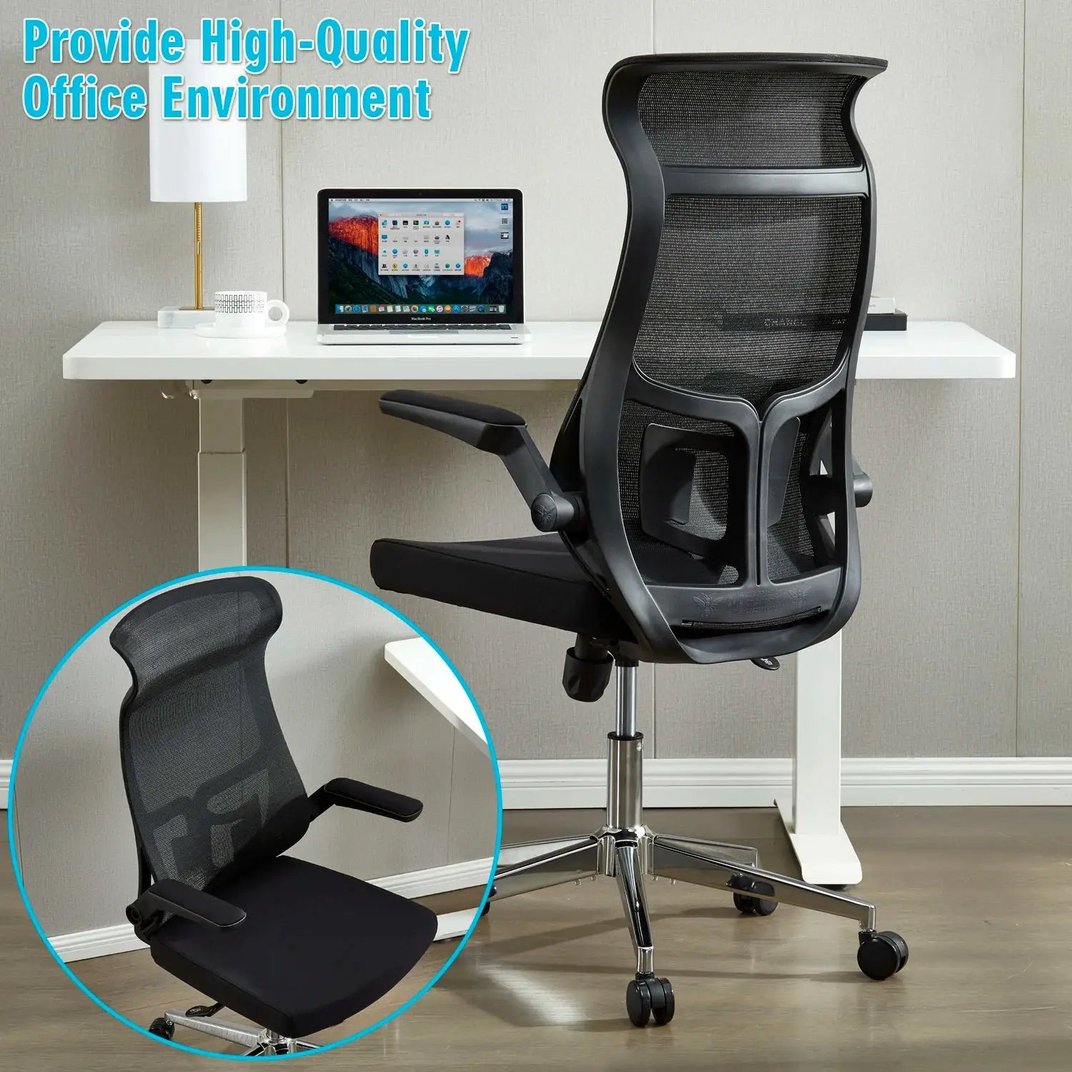 Ergonomic Office Chair Fixed Headrest Flip-Up Arms Lumbar Support PU Wheels & Swivel Tilt