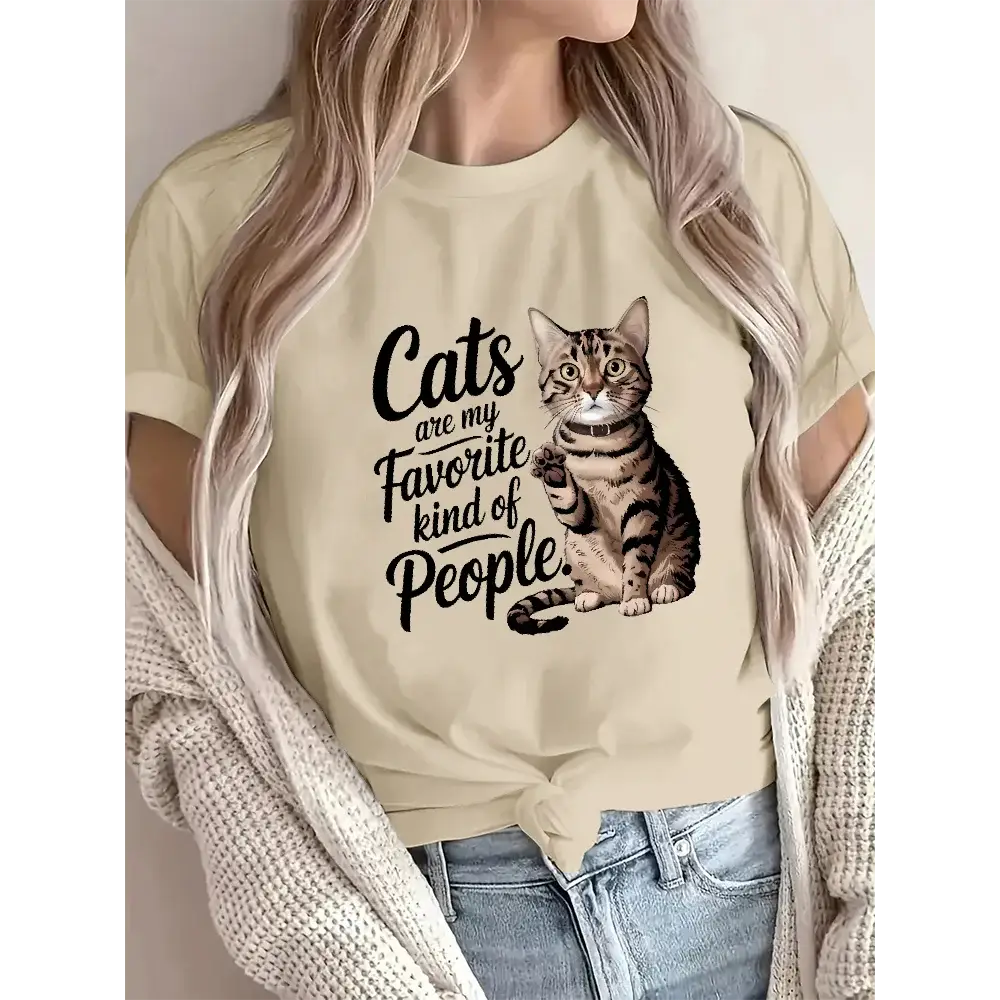 Women's Cotton T-Shirt with Cute Cat Print O-Neck Short Sleeve Soft & Casual Cat Lover Tee