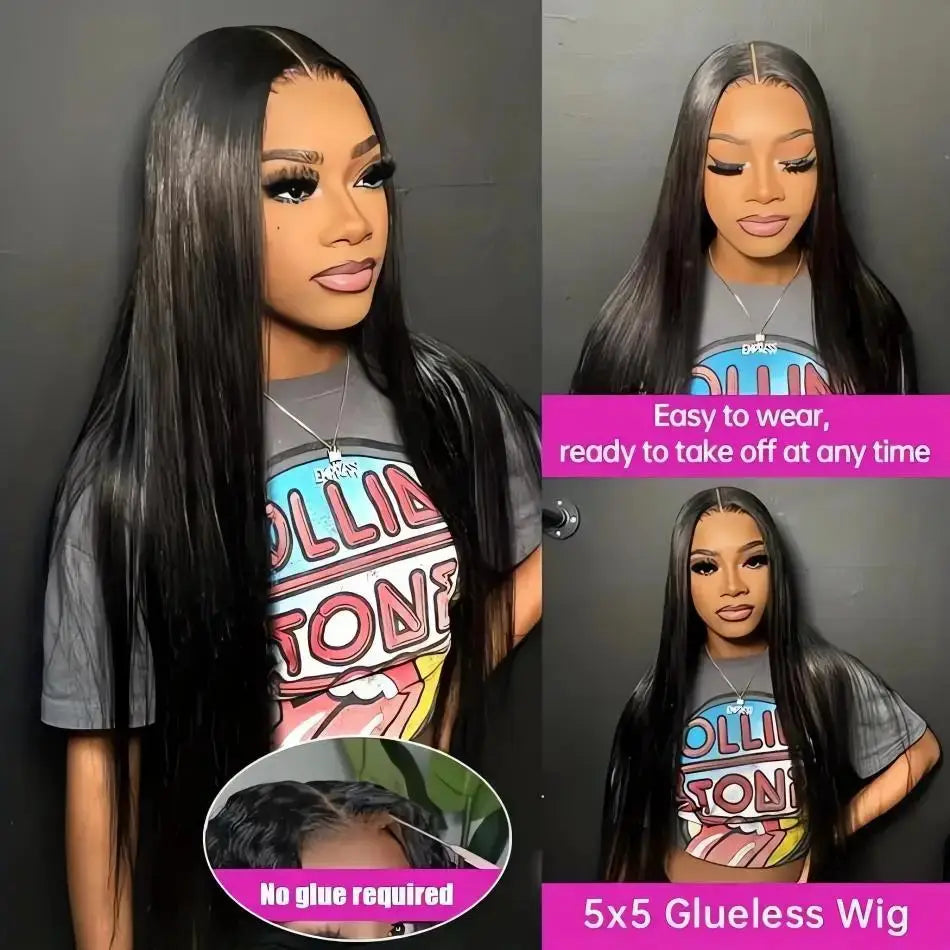 Glueless Brazilian Human Hair Wig Bone Straight with HD Transparent Lace 4x4, 5x5, 13x4 & 13x6 Lace Front Options in Natural Black