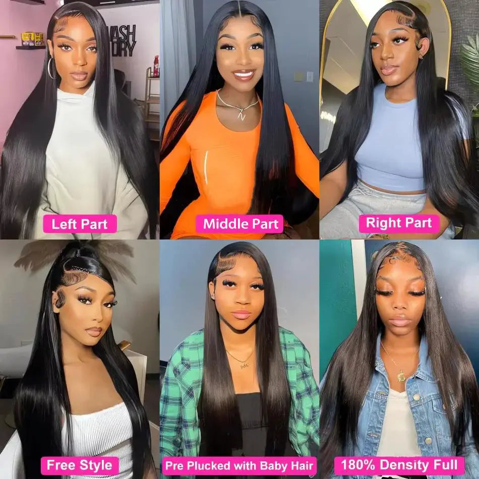 Glueless Brazilian Human Hair Wig Bone Straight with HD Transparent Lace 4x4, 5x5, 13x4 & 13x6 Lace Front Options in Natural Black