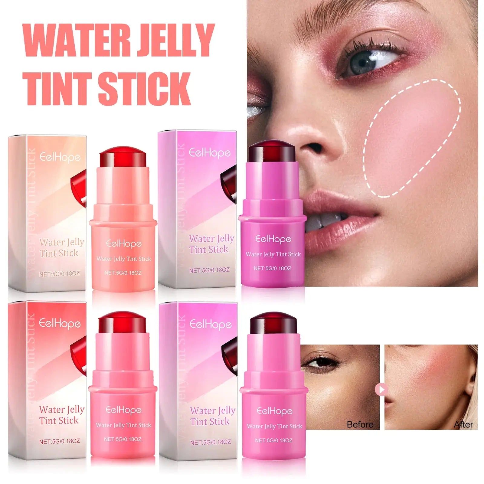 Water Jelly Tint & Blush Stick | Moisturizing Waterproof 2-in-1 Lip Gloss & Face Makeup