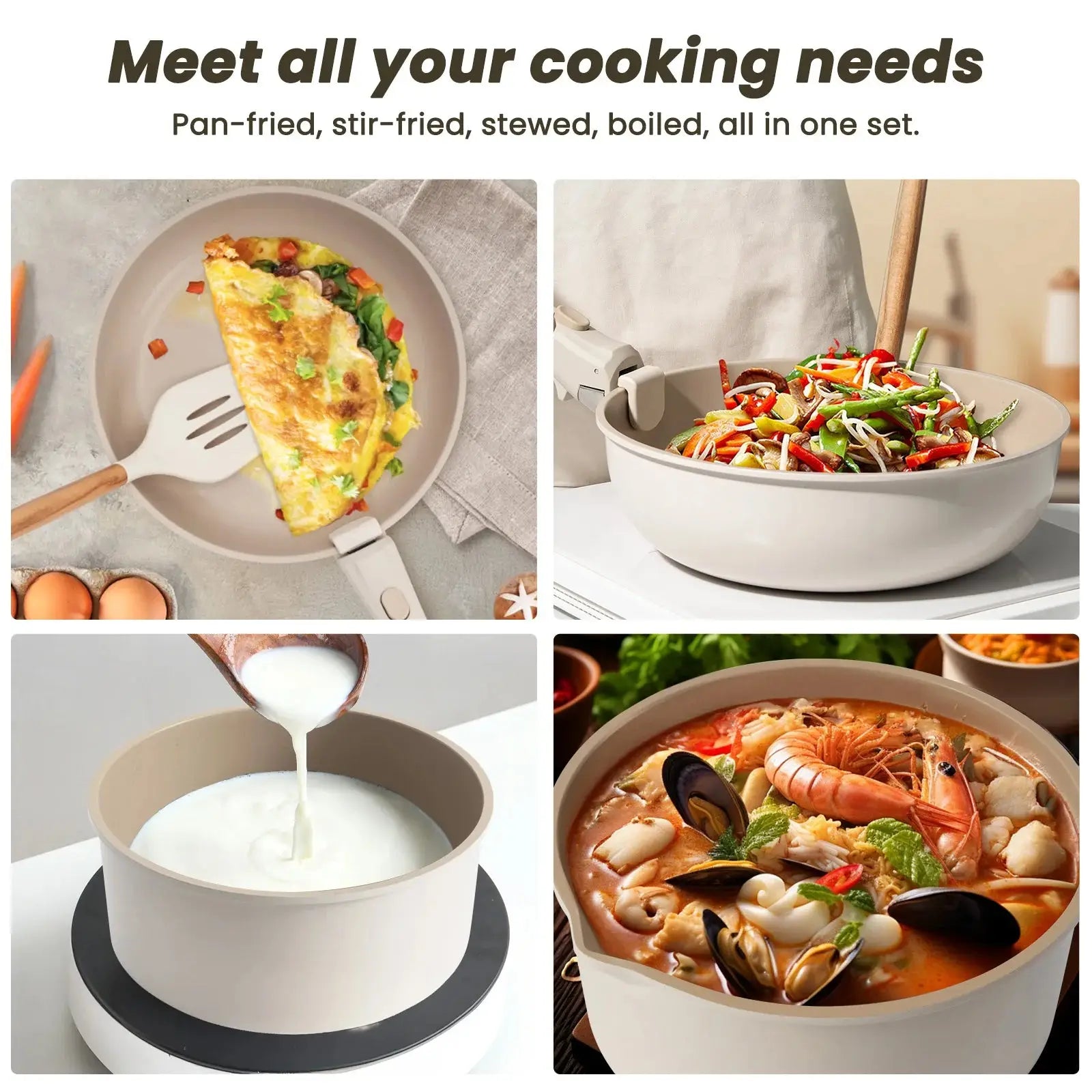 22-piece non-stick cookware set, khaki color, induction, oven and dishwasher safe, perfect holiday gift idea