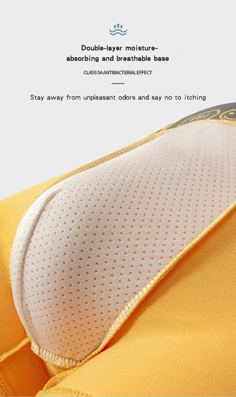 Close-up of antibacterial double-layer crotch in yellow men's boxer briefs, designed to prevent odors and enhance breathability.