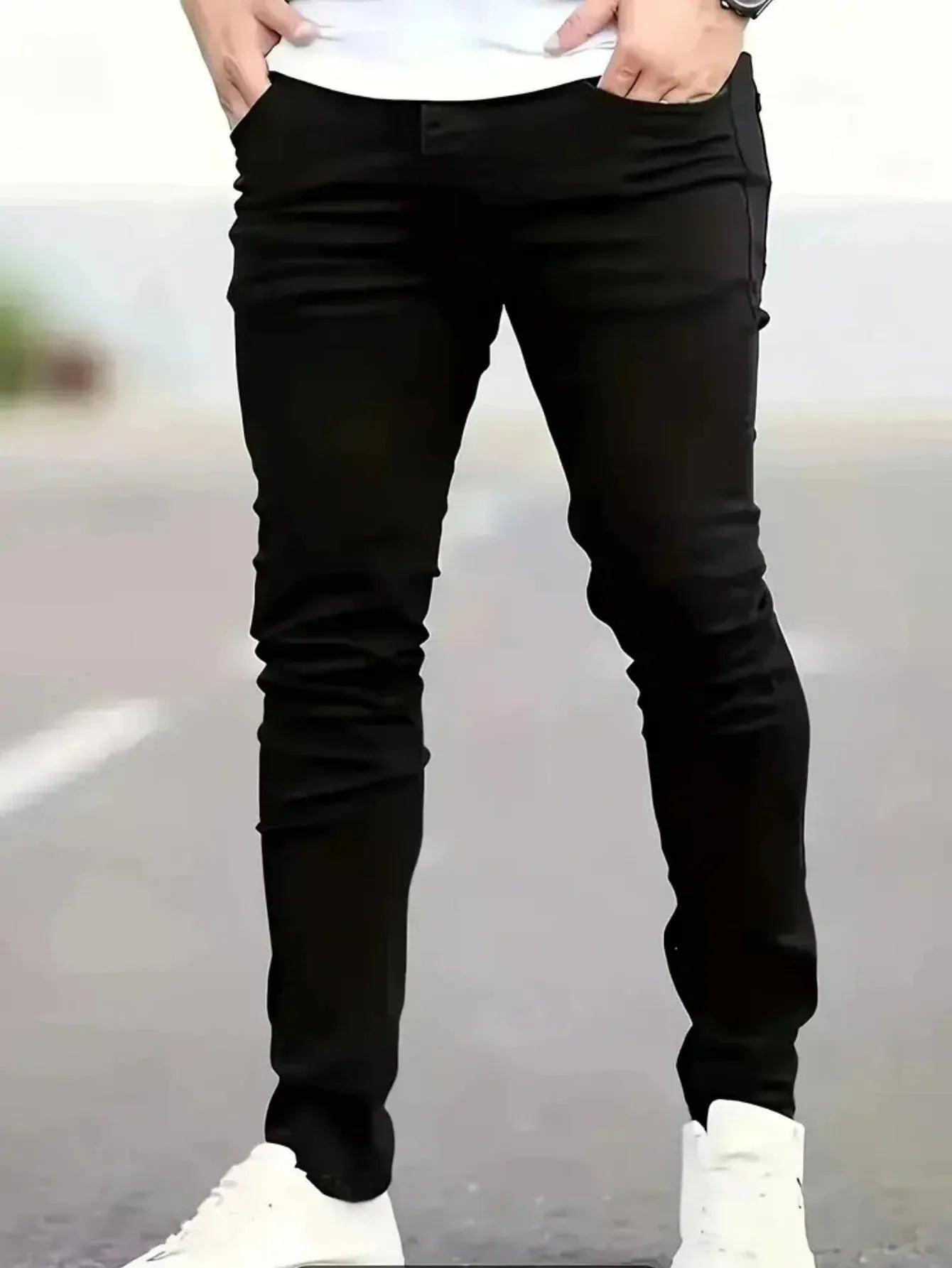 Men Slim Fit Jeans with Black Denim and Reinforced Seams
