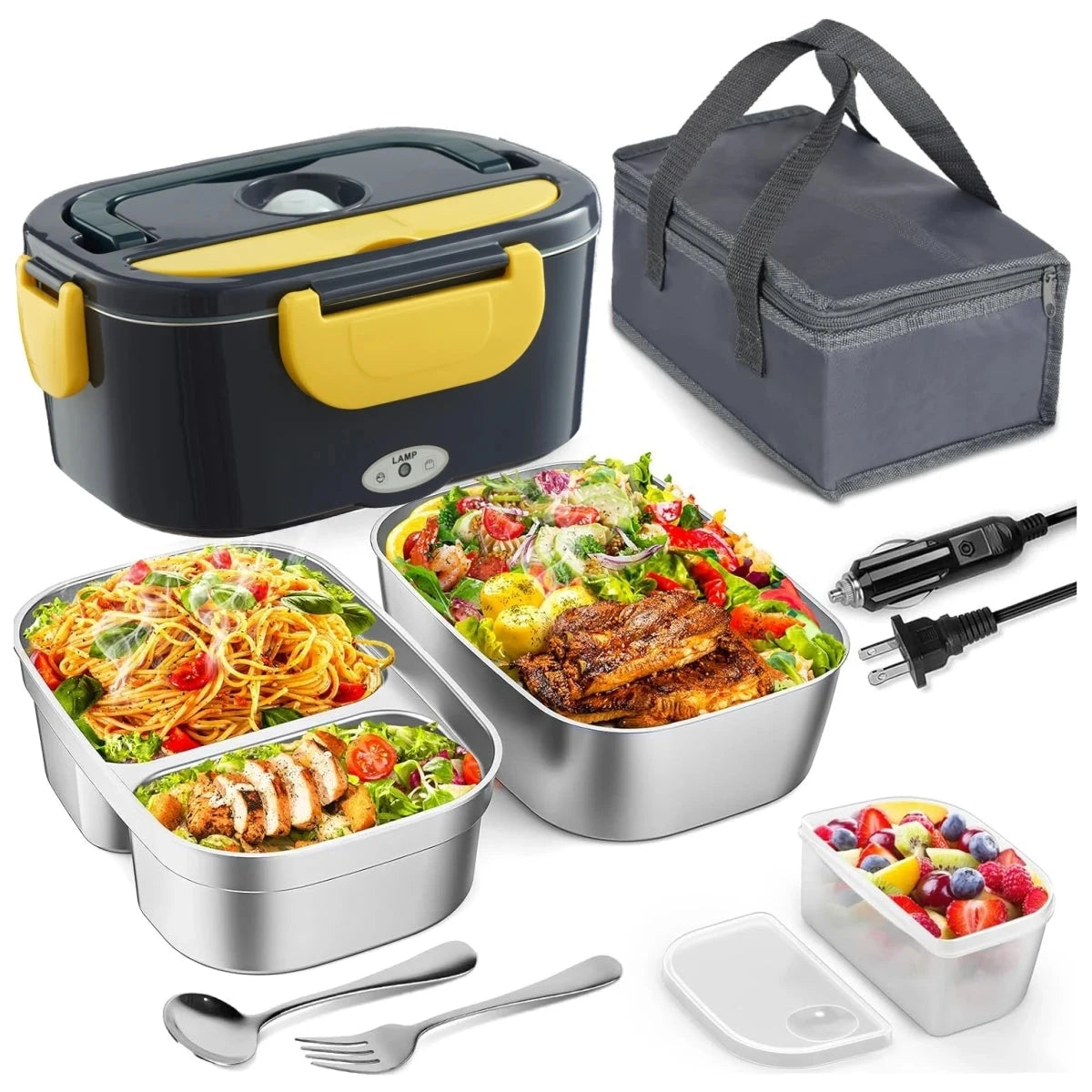 Black and yellow electric lunch box with 1.5L stainless container and carry bag, supports 12V/24V/110V for versatile food warming.