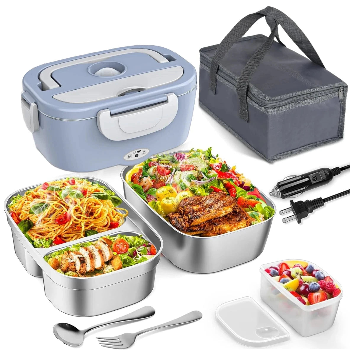 Blue electric lunch box with 1.5L stainless container and carry bag, supports 12V/24V/110V for convenient meal warming anywhere.