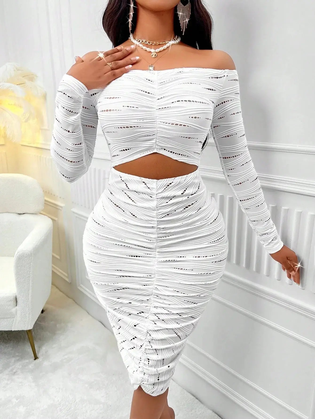 Sophisticated white off-shoulder midi dress for women with ruched design and cutout waist, tailored for formal events and special occasions.
