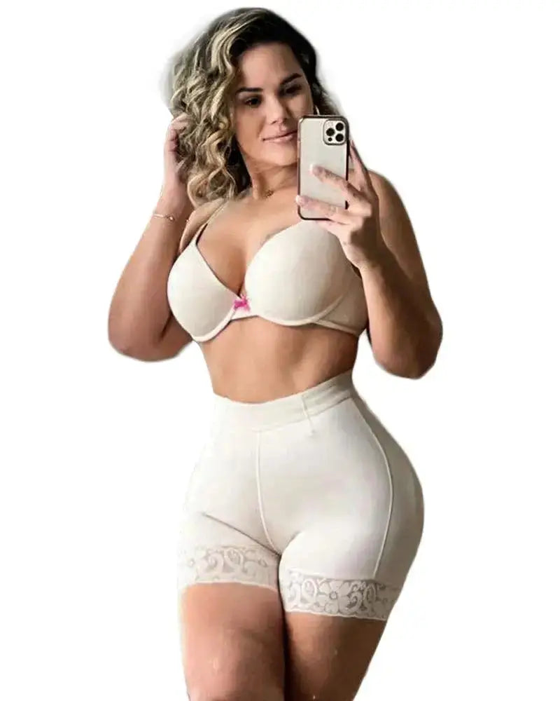Colombian Butt Lift Shaper Shorts for Women – High Waist Compression with Lace Trim & Tummy Control Belt